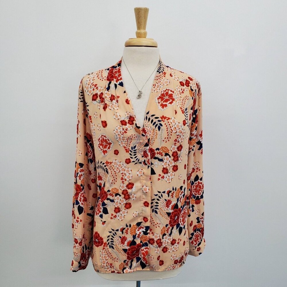 Violet + Claire Long Sleeve Button Up Floral‎ Blouse Top XL V-Neck Peach Red
